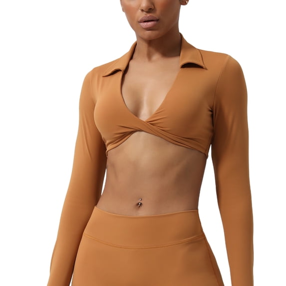 ZACPNCV Womens Cropped Long Sleeve Top V Neck Style Twisted Front Solid Color Light Support Yoga Gym Wear