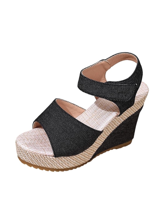 Womens Denim Wedge Sandals Peep Toe Platform Plus Size Summer Casual Jeans Fabric Height Boost Comfort Shoes