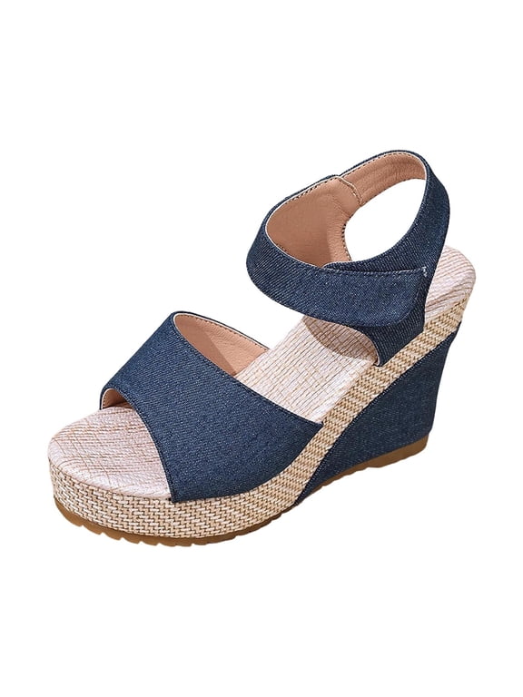 Womens Denim Wedge Sandals Peep Toe Platform Plus Size Summer Casual Jeans Fabric Height Boost Comfort Shoes