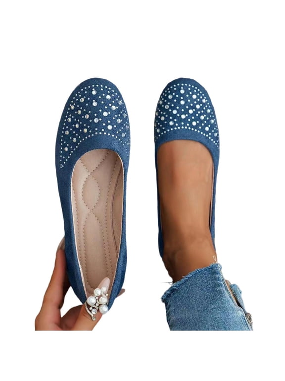 Womens Embellished Flats Round Toe Comfort Casual Slip On Shoes Spring Summer