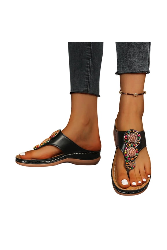 Womens Ethnic Hollow Cutout Thong Wedge Sandals Boho Platform Beach Flip Flops Summer Casual Toe Post Slippers