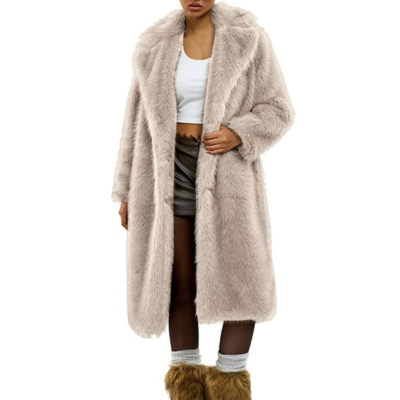 ZACPNCV Womens Faux Fur Coats Warm Mid Long Furry Jackets Long Sleeve Lapel Winter Fluffy Outerwear Shaggy Parka Coat