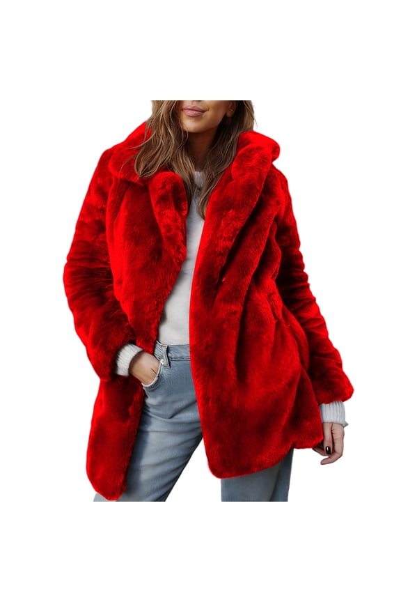 Womens Faux Fur Coats Warm Mid Long Furry Jackets Long Sleeve Lapel Winter Fluffy Outerwear Shaggy Parka Coat