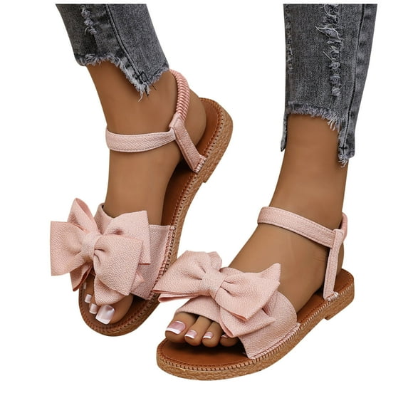 ZACPNCV Womens Flat Sandals Bow Design Round Toe Elastic Back Strap Comfort Summer