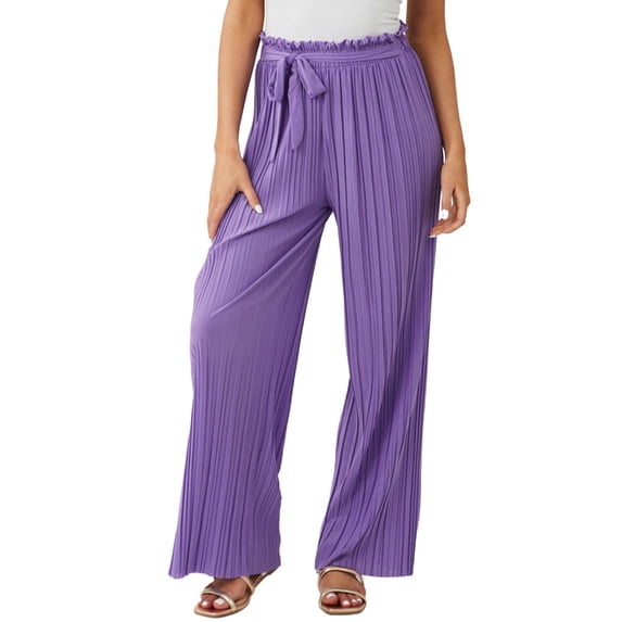 ZACPNCV Womens High Waisted Pleated Wide Leg Pants Elastic Waist with Self Tie Belt Flowy Casual Solid Long Trousers