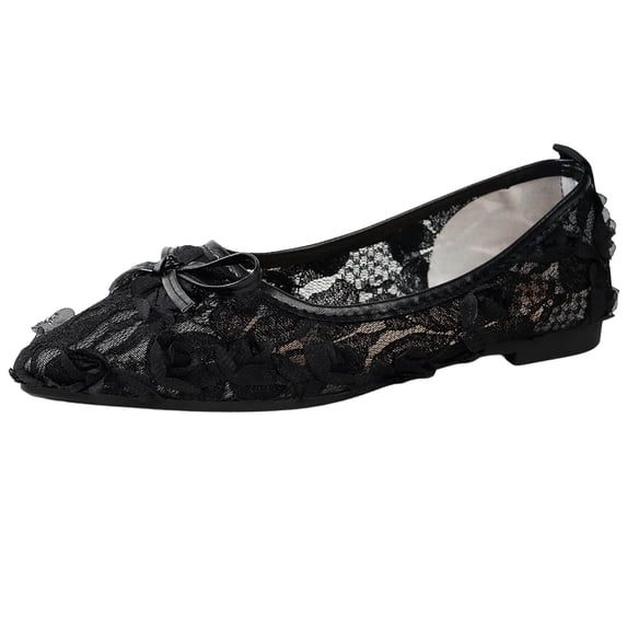 Lovskoo Womens Lace Bow Flats Pointed Toe Soft Sole Elegant Comfort Casual Shoes