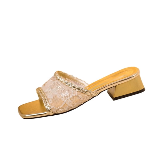 Lovskoo Womens Lace Square Toe Block Heel Sandals Fairy Style Slip On Summer Casual Mid Chunky Heel Dressy Slides