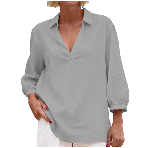 ZACPNCV Womens Linen 3/4 Sleeve Collared Button Down Shirt Solid Color Casual Blouse for Work or Weekend Outfits