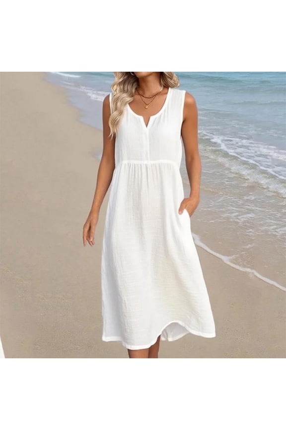 Womens Linen Blend Loose Fit V Neck Flounce Sleeve Long Maxi Dress Floral Embroidery Casual Boho Summer Beach Dress with Pockets