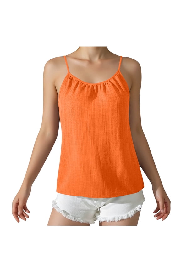 Womens Linen Blend Sleeveless Tank Top Adjustable Straps Front Back Pleated Detail Casual Summer Cami Slip Dress