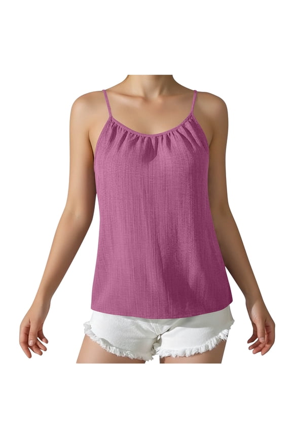 Womens Linen Blend Sleeveless Tank Top Adjustable Straps Front Back Pleated Detail Casual Summer Cami Slip Dress