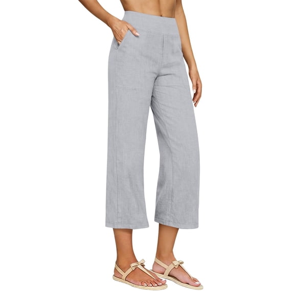 ZACPNCV Womens Linen Cotton Cropped Pants High Waisted Straight Leg Relaxed 7/8 Length Trousers with Pockets