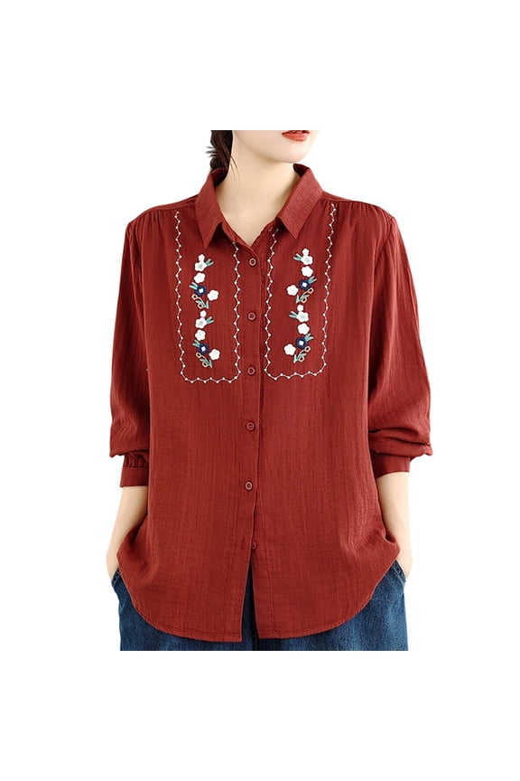 Womens Long Sleeve Embroidered Linen Shirt Collared Button Front Blouse with Detailed Stitching for Casual or Office Wear