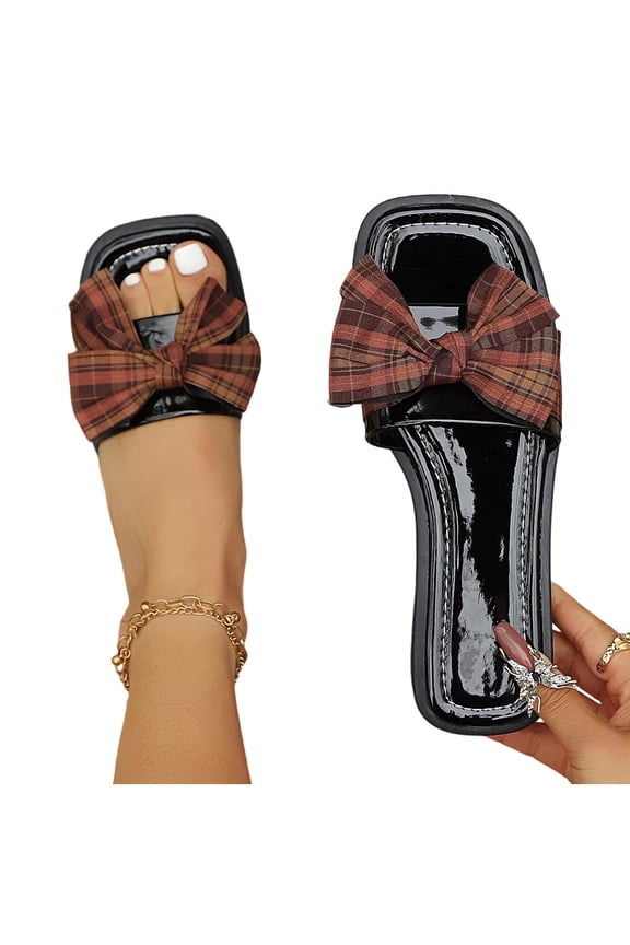 Womens Plaid Bow Square Toe Flat Mules Slip On Checkered Pattern Casual Lazy Loafers Outdoor Summer Sandals