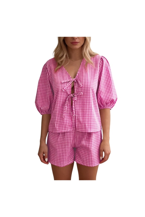 Womens Plaid Print Short Sleeve Pajama Set Button Down Top and Shorts Classic Checkered Pattern Comfortable Sleepwear