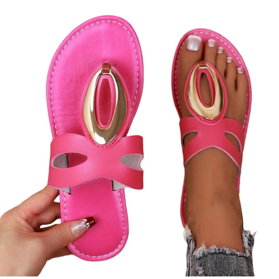 Lovskoo Womens Plus Size Flat Sandals Toe Loop Metal Buckle Comfort Outdoor Beach Slides Summer