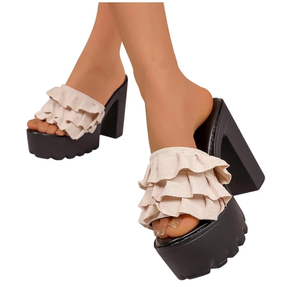 ZACPNCV Womens Plus Size High Heel Sandals Lace Trim Platform Block Heel Comfort Slides Summer