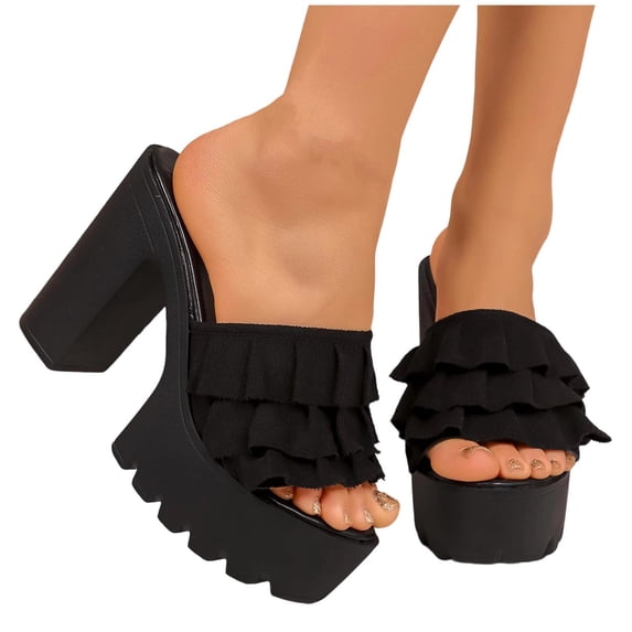 ZACPNCV Womens Plus Size High Heel Sandals Lace Trim Platform Block Heel Comfort Slides Summer