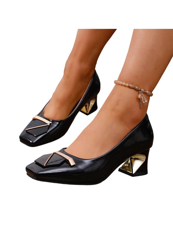 Lovskoo Womens Plus Size Mid Heel Pumps Square Toe Block Heel Slip On Comfort Dress Shoes