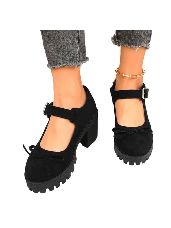 Lovskoo Womens Plus Size Suede Pumps Bow Wrap Around Strap Block Heel Comfort Dress Shoes