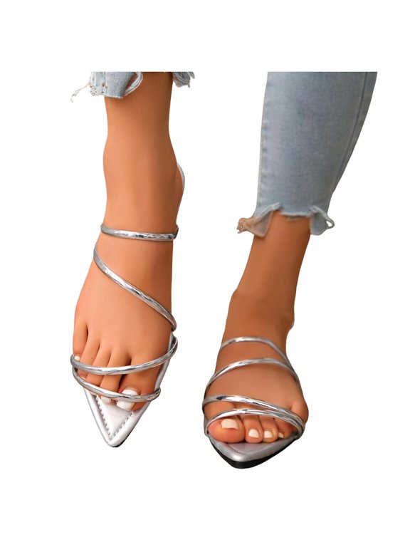 Womens Pointed Toe Flat Sandals Thin Strappy Open Toe Breathable Slide Slippers Casual Summer Comfort Shoes