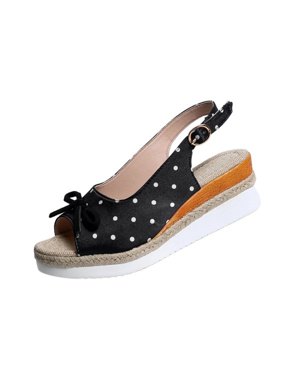 Womens Polka Dot Bow Wedge Buckle Sandals Adjustable Ankle Strap Fabric Peep Toe Summer Casual Shoes