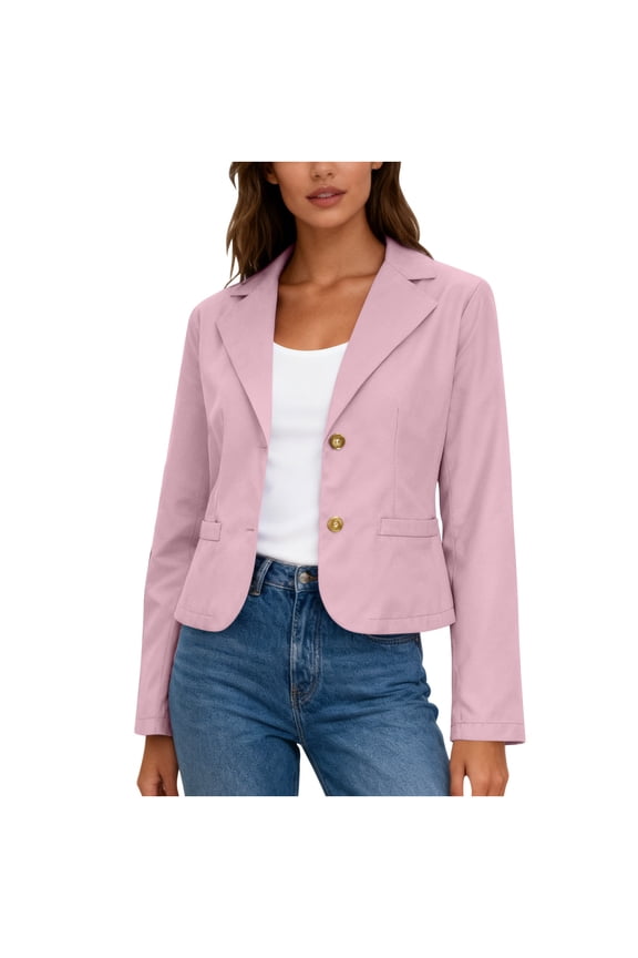 Womens Short Blazer Long Sleeve Solid Color Button Front Notched Lapel Cropped Jacket for Work Casual