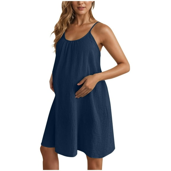 ZACPNCV Womens Sleeveless Nursing Dress Summer Breastfeeding Dresses Adjustable Strap Maternity Clothes Dark Blue L