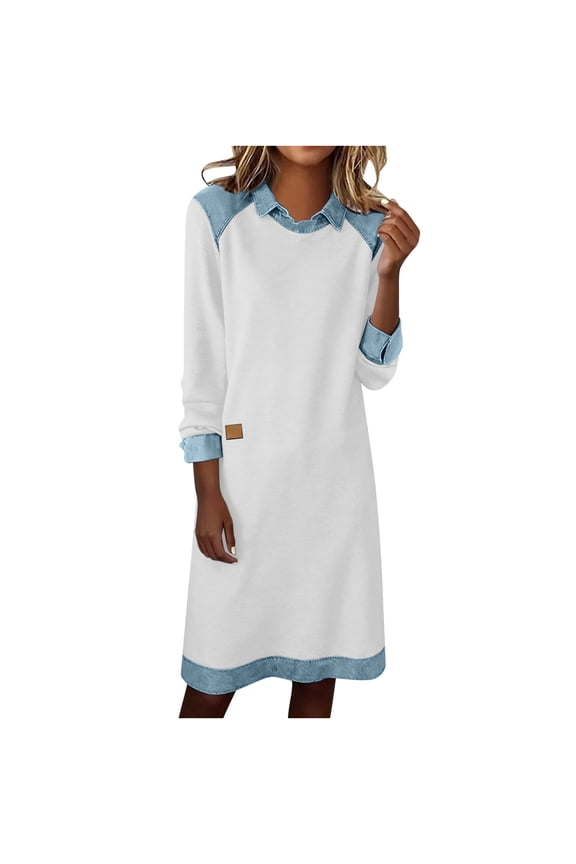 Womens Solid Color Shirt Dress Long Sleeve Turn Down Collar Denim Patch Cuffs and Hem Casual Pullover Tunic Dress