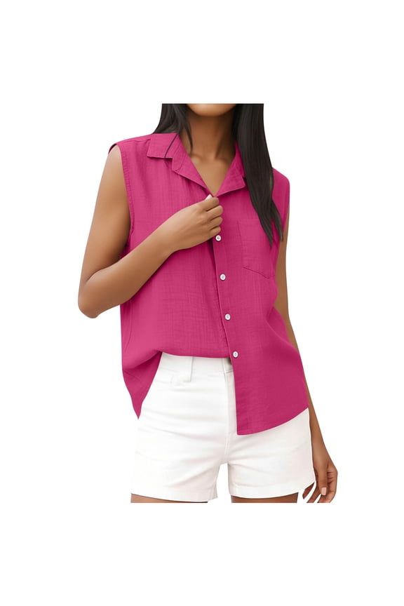 Womens Solid Linen Blend Sleeveless Shirt Camp Collar Button Down Full Placket Pocket Detail Casual Chic Oversized