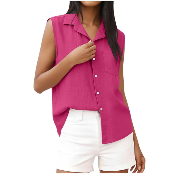Lovskoo Womens Solid Linen Blend Sleeveless Shirt Camp Collar Button Down Full Placket Pocket Detail Casual Chic Oversized