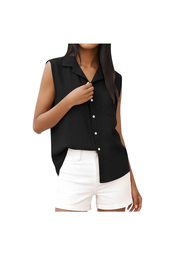 Womens Solid Linen Blend Sleeveless Shirt Camp Collar Button Down Full Placket Pocket Detail Casual Chic Oversized