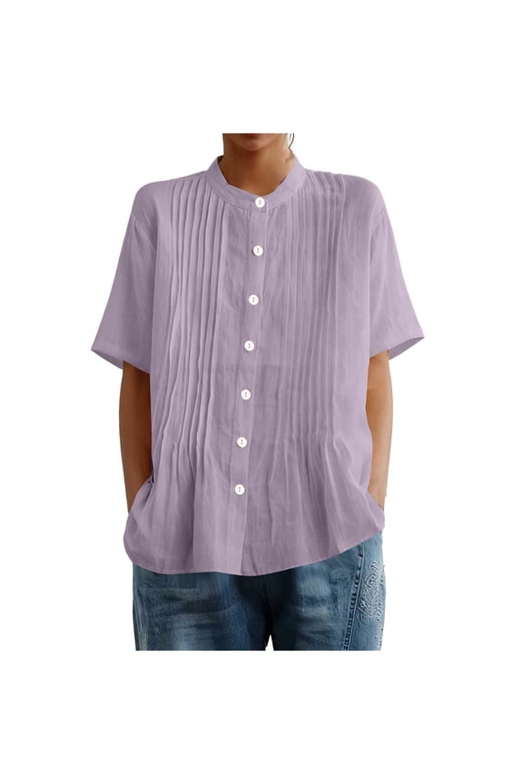 Womens Solid Short Sleeve Linen Blend Button Down Shirt Crew Neck Crinkle Texture Open Front Top Summer Cover Up