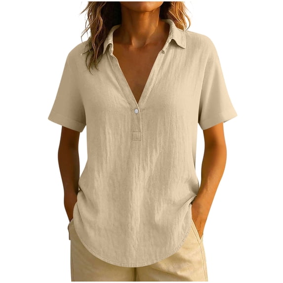 Lovskoo Womens Solid Short Sleeve Shirt Linen Blend Camp Collar V Neck Button Down Casual Top Smart Casual Workwear