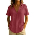 thumbnail image 1 of Lovskoo Womens Solid Short Sleeve Shirt Linen Blend Camp Collar V Neck Button Down Casual Top Smart Casual Workwear, 1 of 7