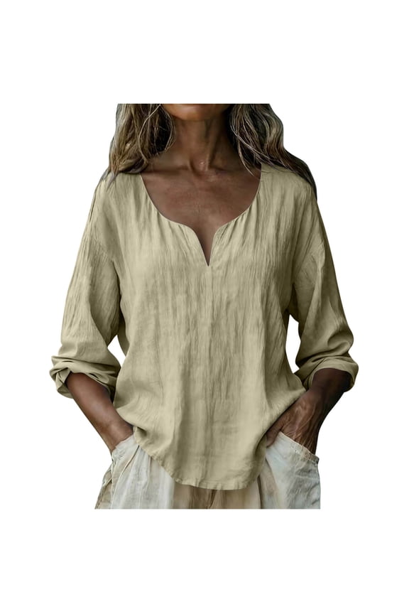 Womens Solid V Neck Long Sleeve Linen Look Top Washed Wrinkle Texture Button Down Casual Blouse Effortless Chic