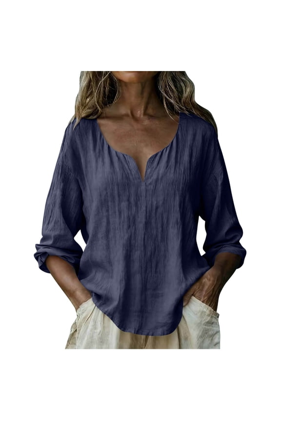 Womens Solid V Neck Long Sleeve Linen Look Top Washed Wrinkle Texture Button Down Casual Blouse Effortless Chic