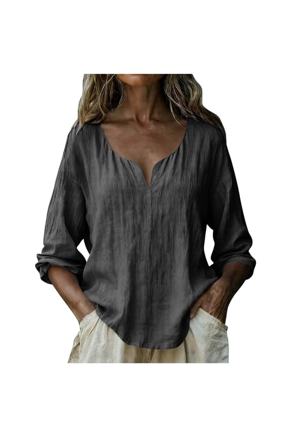 Womens Solid V Neck Long Sleeve Linen Look Top Washed Wrinkle Texture Button Down Casual Blouse Effortless Chic