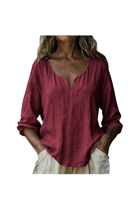 Womens Solid V Neck Long Sleeve Linen Look Top Washed Wrinkle Texture Button Down Casual Blouse Effortless Chic