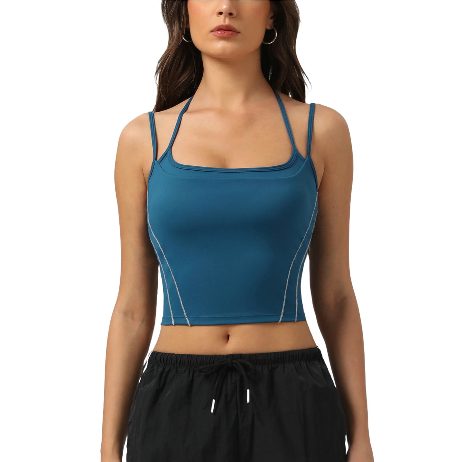 ZACPNCV Womens Square Neck Crop Top Solid Color Double Thin Straps ...