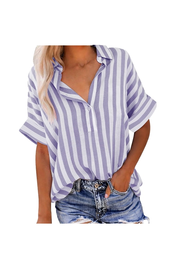 Womens Striped Short Sleeve Camp Collar Linen Look Shirt Button Down Casual Top Half Placket Design Resort Wear