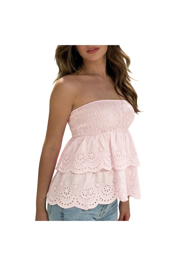 Womens Summer Smocked Lace Embroidered Double Layer Tube Top Cami Sleeveless Casual Boho Chic Beach Crop Top