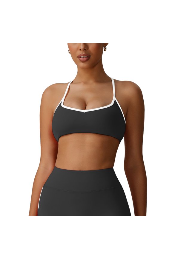 Womens V Neck Halter Sports Bra Solid Contrast Binding Built In Pads Medium Support Yoga Workout Top