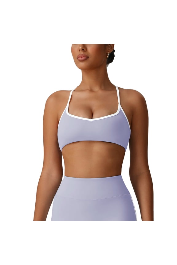 Womens V Neck Halter Sports Bra Solid Contrast Binding Built In Pads Medium Support Yoga Workout Top