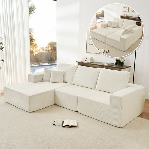 ZAFLY 108" Cloud Sectional Sofa, Modular Corduroy Deep Seat Couch, L Shaped Couches for Living Room, No Assembly Required - Beige
