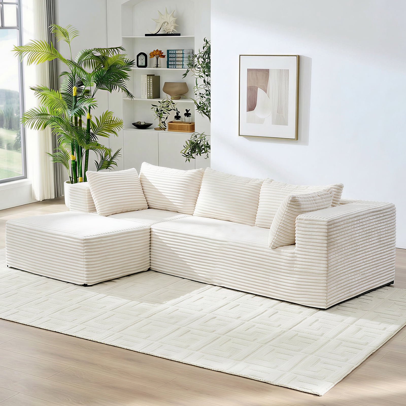 ZAFLY 110" Cloud Sectional Sofa, Modular Corduroy Deep Seat Couch, L Shaped Couches for Living Room - Beige