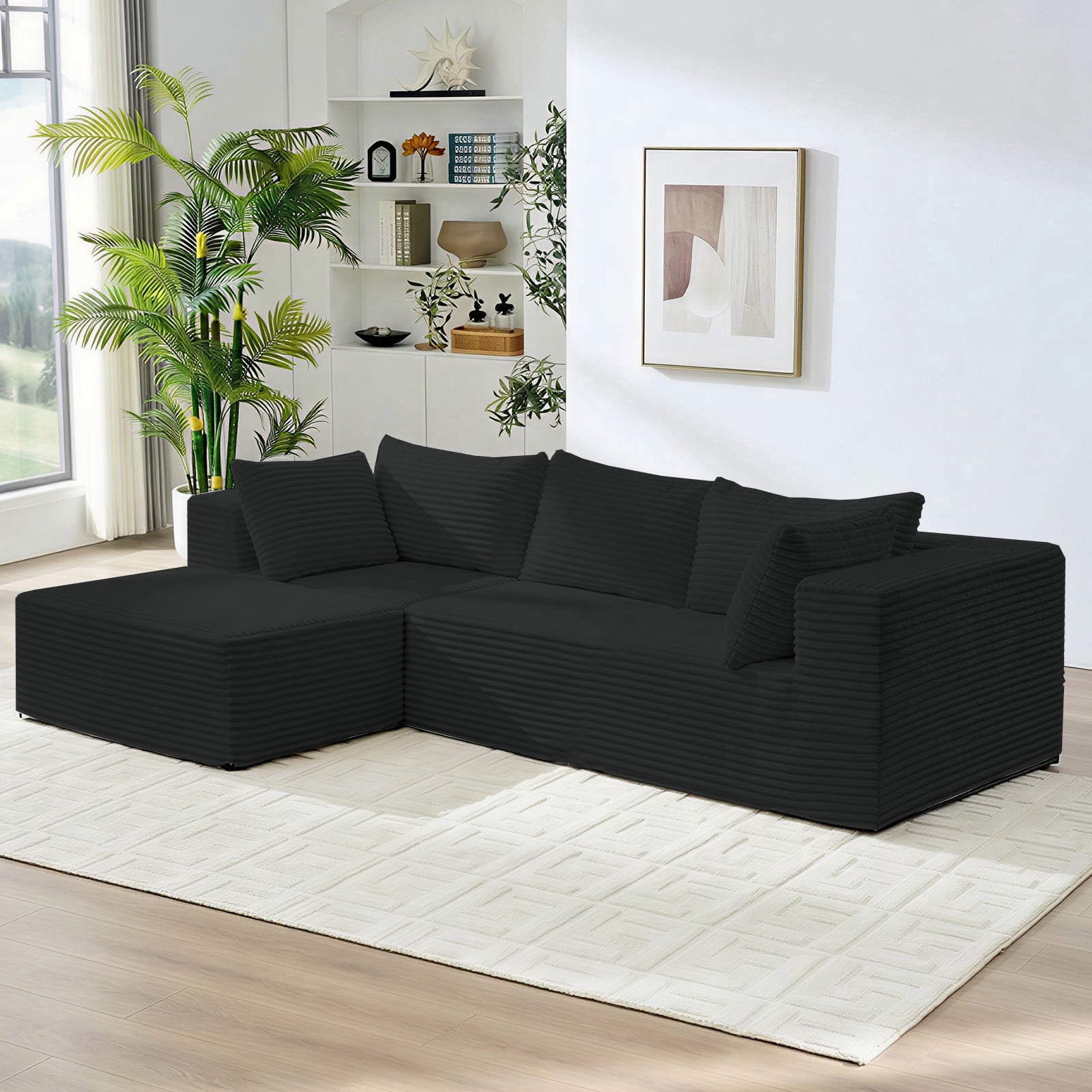 ZAFLY 110" Cloud Sectional Sofa, Modular Corduroy Deep Seat Couch, L Shaped Couches for Living Room - Black
