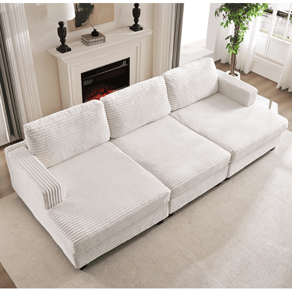 ZAFLY 120” Oversized Sectional sofa, Deep Seat Couch with Wider Armrests, Corduroy Sleeper Sofa for Living Room - Beige