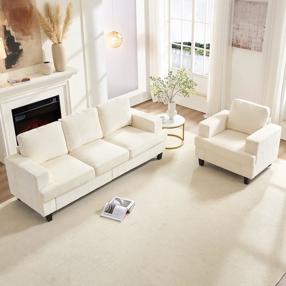 ZAFLY 2 Piece Living Room Furniture Set with Solid Wood, Chenille Couch and Loveseat Sets - Beige