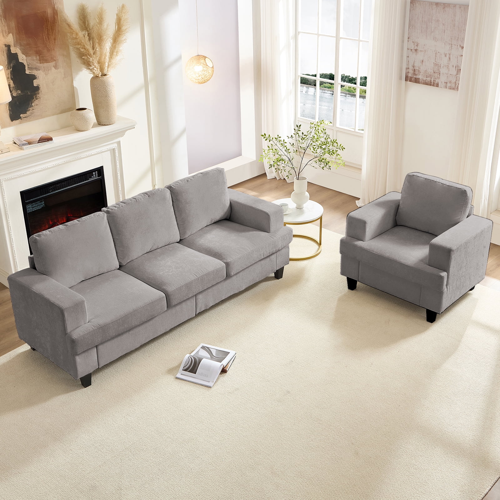 ZAFLY 2 Piece Living Room Furniture Set with Solid Wood, Chenille Couch ...